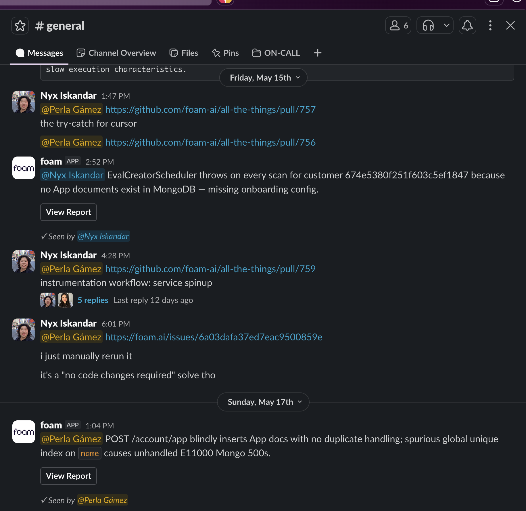 Foam alerts in the #general team Slack channel showing two alerts across several days, each with root cause and tagged owner